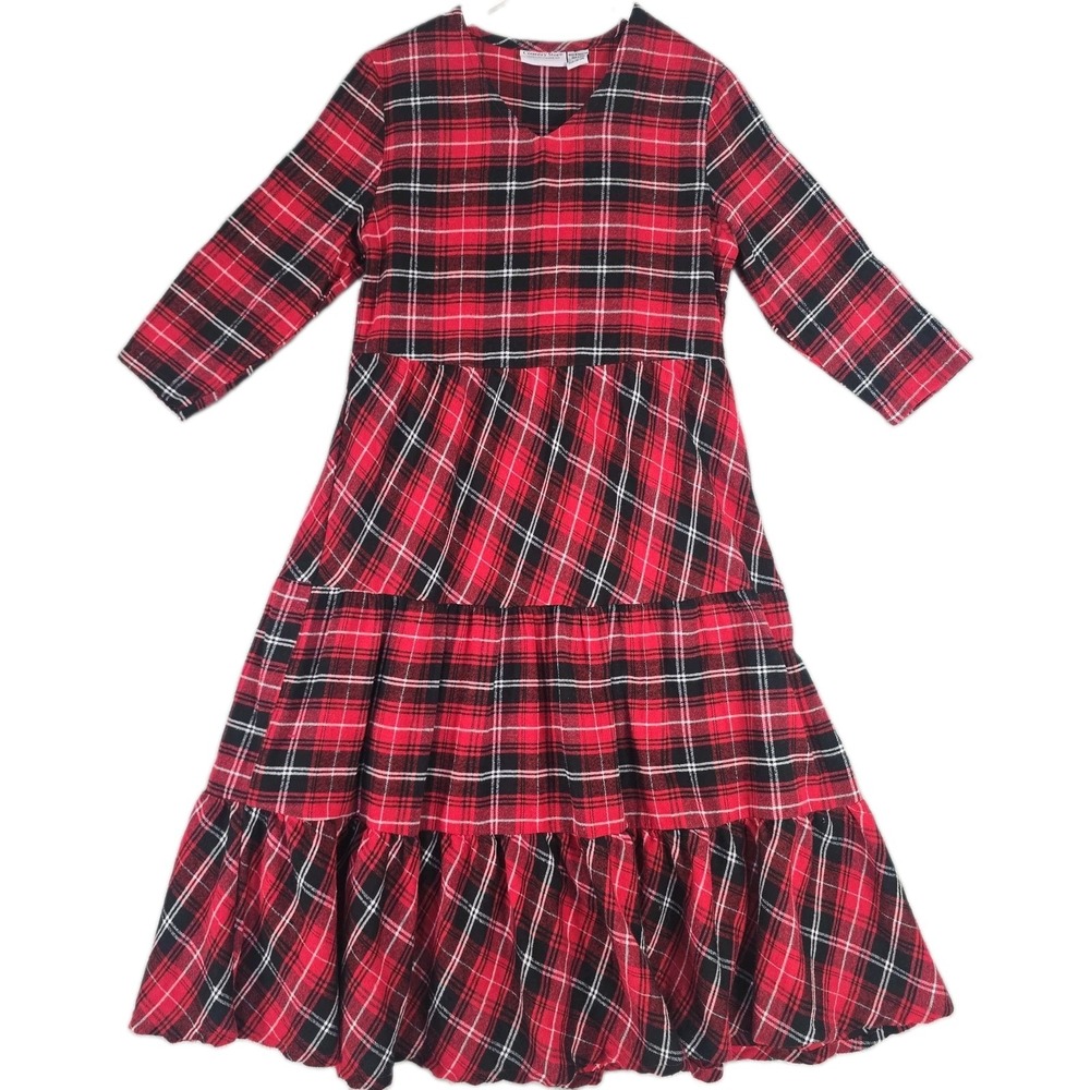 Country Store Flannel Maxi Tiered Maxi Dress Medium Black Red Plaid Prairie